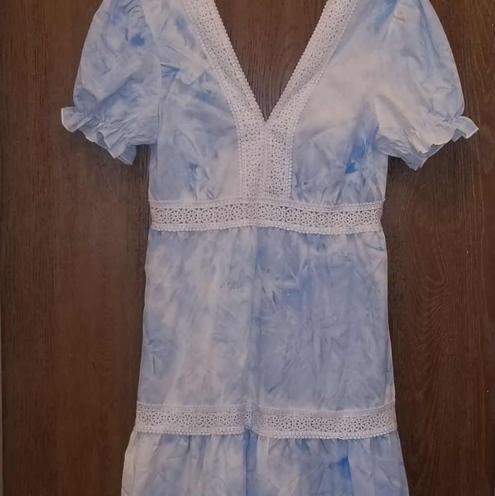 Midi Blue Tie-Dye Dress with Lace Trim